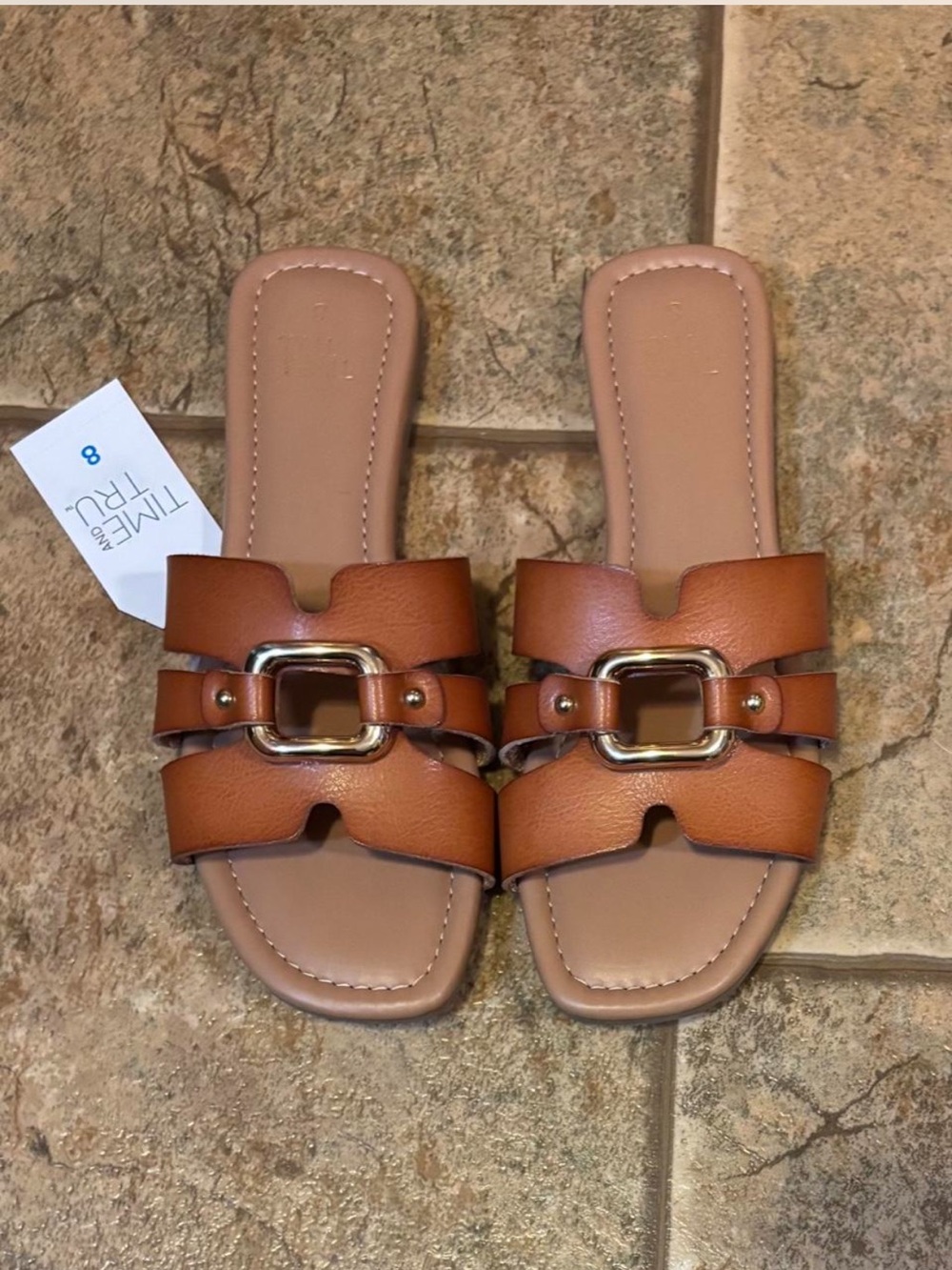 NWT Time and Tru Hardware Embellished Faux Leather Slide Sandals sz 8